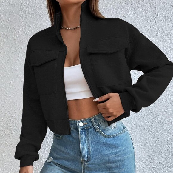 Black Casual Womens Zip Up Flap Pocket Sweatshirt - Picture 3 of 5